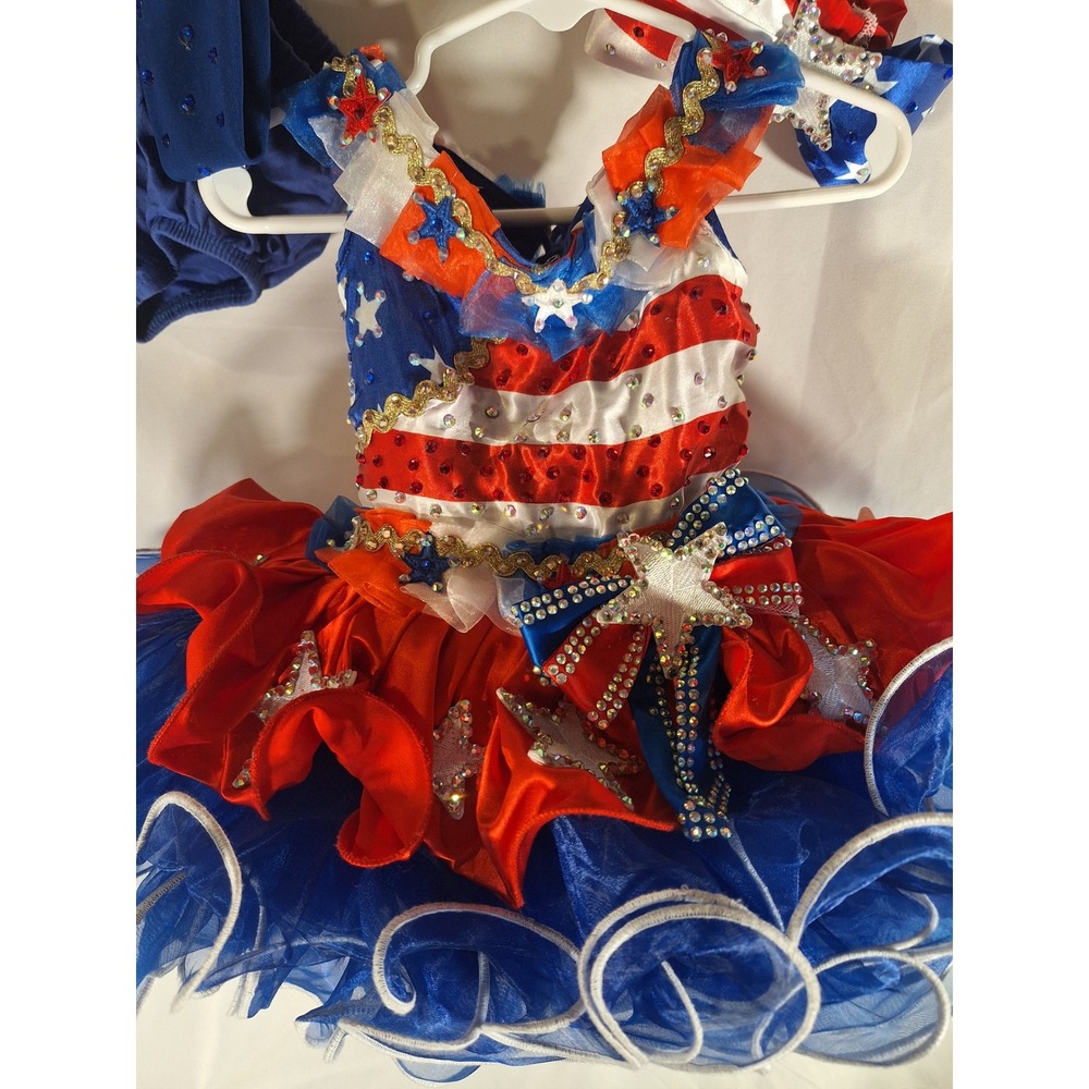 Patriotic Glitz Pageant Dress Red White Blue Stars Stripes Cupcake Skirt Set - Picture 2 of 12